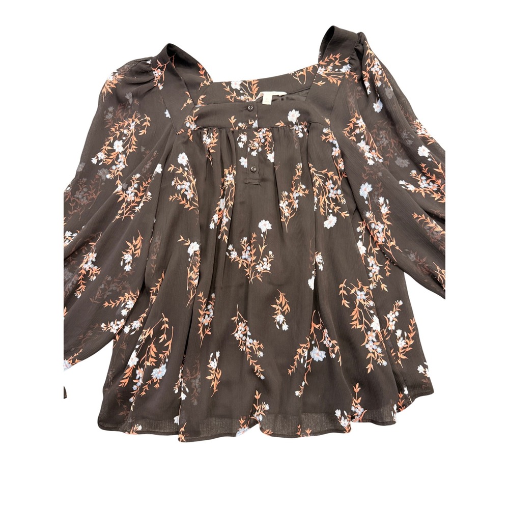 LC Lauren Conrad Floral Blouse Womens Large Black Square Neck Balloon Sleeve Top - Picture 3 of 8